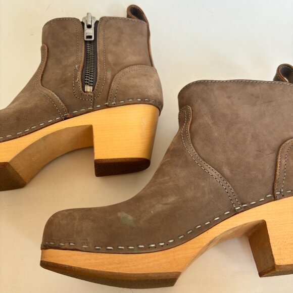 Swedish Hasbeens Boots Heel Zip It Emy Clog Toffel Ankle Taupe Tan Suede 38 8 - Picture 4 of 14